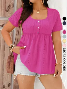 Women's Plus Size Eyelet Babydoll Shirts Peplum Top Short Sleeve Scoop Neck Pearl Button Casual Aesthetic Blouse Flowy Tummy Control Boho Trendy