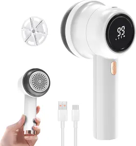 Electric Fabric Shaver, Rechargeable Lint Remover with 6-Blade and LED Display for Clothes, Upholstery, and Furniture - White