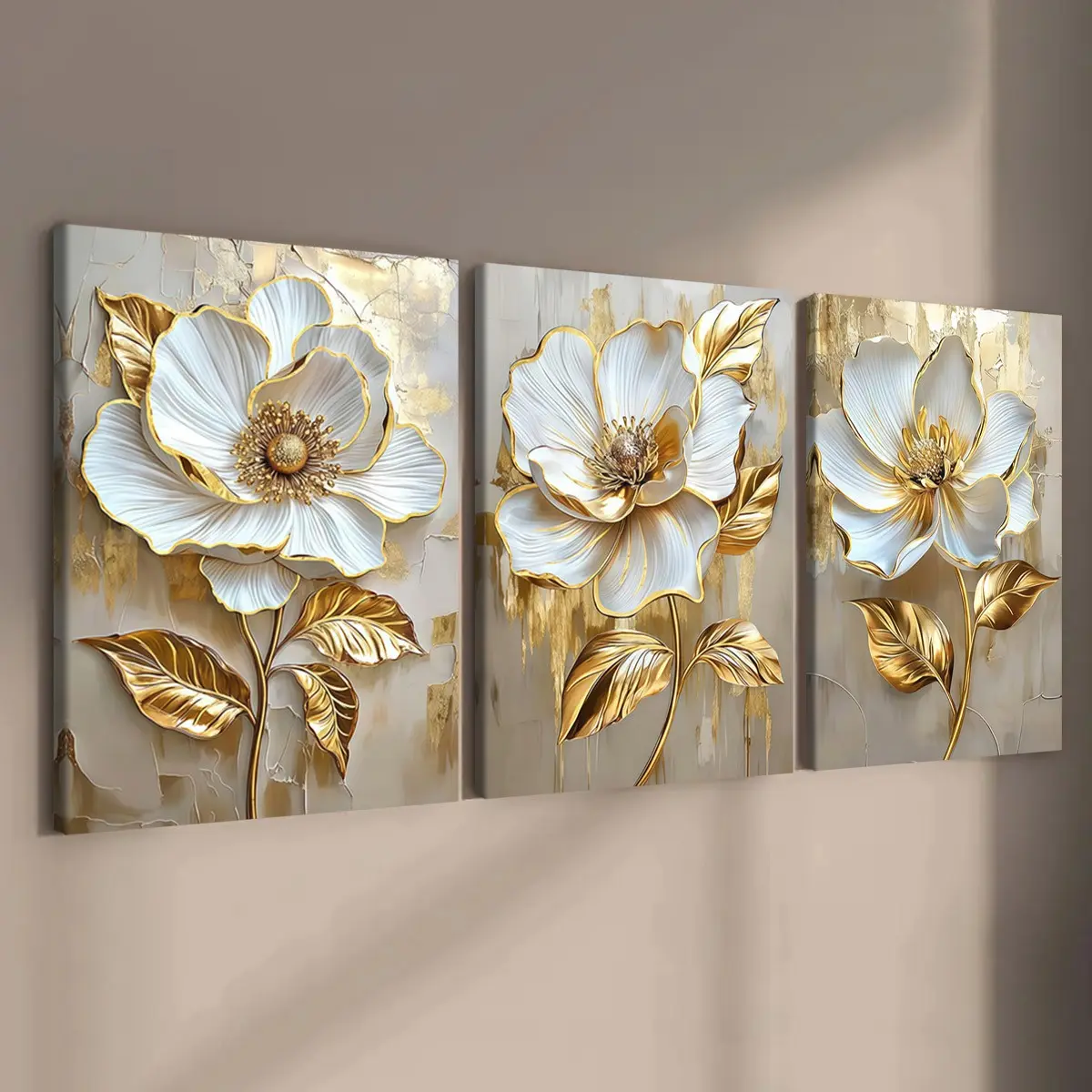 3-Pack Wood Frame Canvas Art Posters, Flower Design, Floral, Modern Home Decor, Wall, Waterproof, Ideal for Bedroom, Hallway, Office