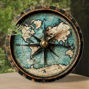 World Map Pattern Wall Art, Hanging Wall Art, Circular Aluminum Sign with Degree Markers, Easy Hang for Home Bar Cafe Restaurant Decor, Modern Home Decor