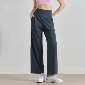Women Naked Feeling High Waist Straight Leg Yoga Pants, Side Pocket Casual Workout Loungewear Trousers