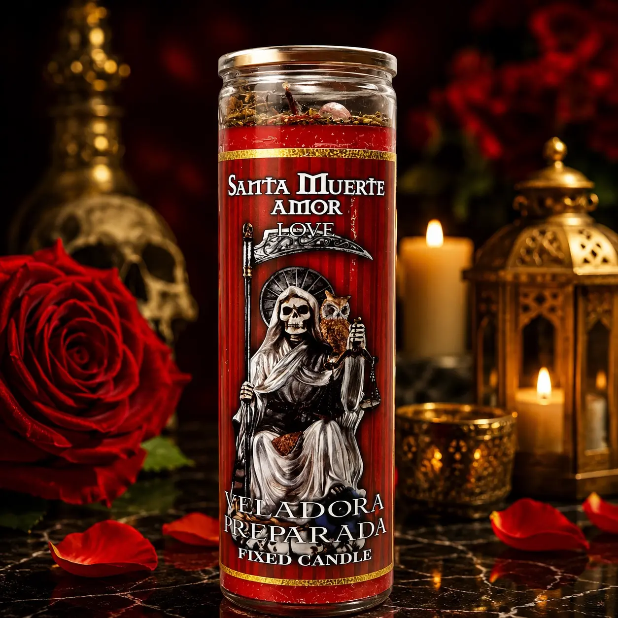 Santa Muerte Love Prayer Glass & Wax Candle - 7 Days Burn Time, Individual Printed Single Home Decor Candle, Unscented