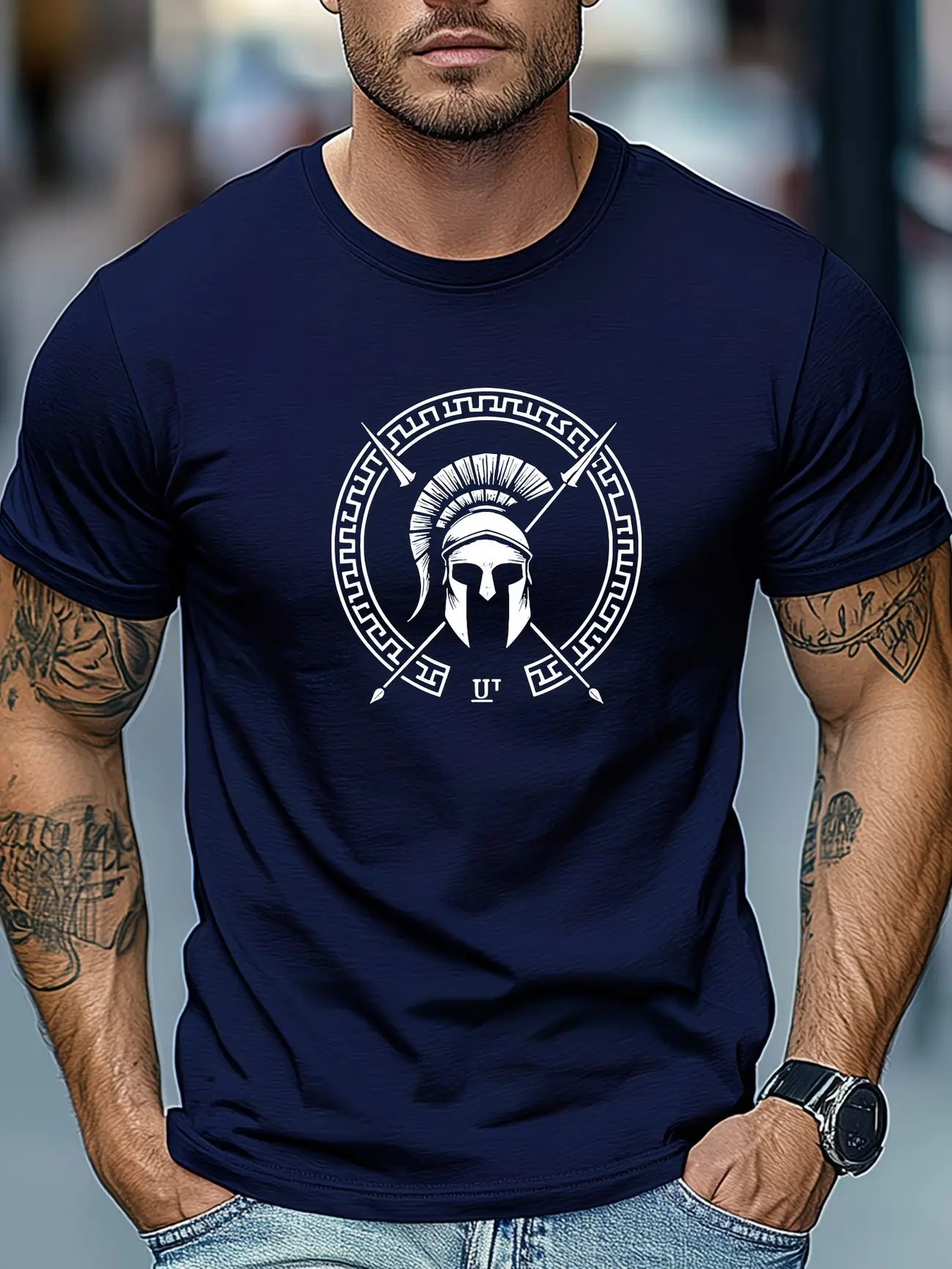 Menswear Vintage Spartan Warrior Helmet Greek Key Circle Badge Chest T-Shirt - Short-Sleeve Soft Cotton Loose Fit Unisex Top - Casual Clothing for Gym, Streetwear, Shortsleeve,clothes for back to school,first day of school outfits