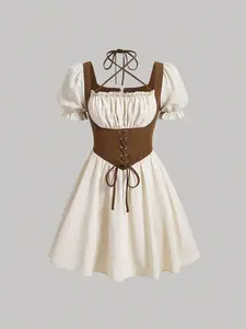 Lace Up Front Ruched Bust Milkmaid Dress