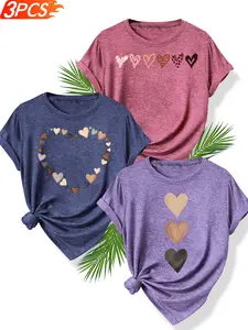 3Pcs Women's Crew Neck T-Shirts, Earth Tone Heart Combination Series Print, Multiple Colors Available, Machine Washable, Spring & Summer Casual Tops, Soft Skin-Friendly Fabric, Daily Versatile, Fashion Design