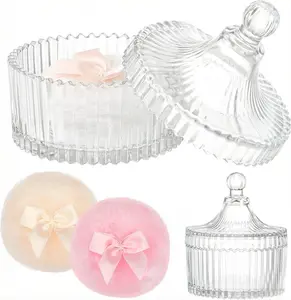 2 body powder puffs and 1 glass container, soft powder suction, glass box for dust suction, body powder suction, powder suction for dry cosmetics, powder applicator with dust removal powder shell (amber&colorful)