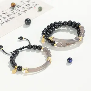 Sliver Jade bracelet Half Bracelet Double Loop Beaded Bracelet Women's Ethnic Style Black Sandalwood Hand String Jewelry