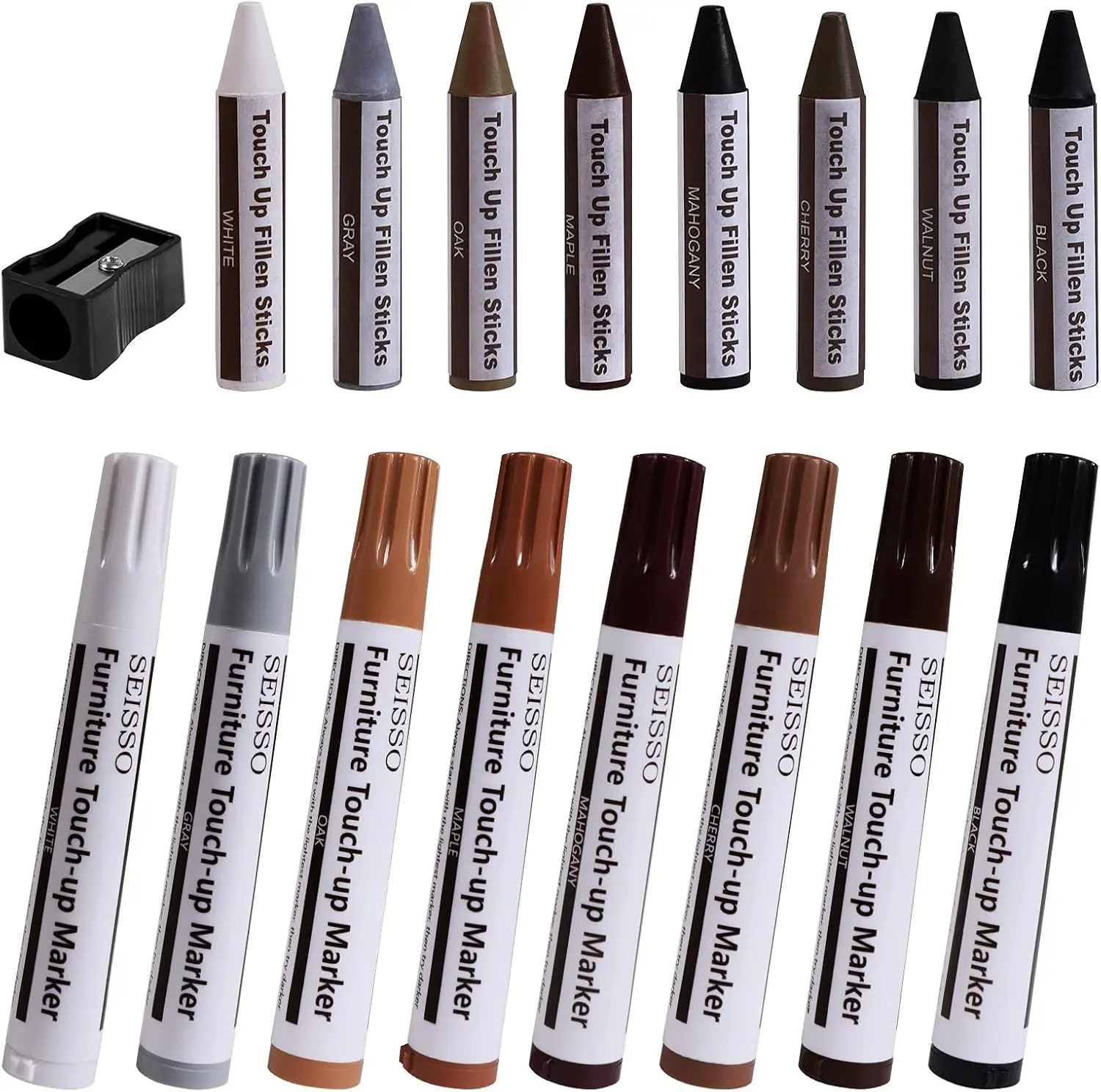 SEISSO Furniture Markers Touch Up Set of 17 - Furniture Scratch Repair Markers Kit, Wood Touch Up Markers and Wax Sticks with Sharpener, for Scratches, Stains, Floors, Laminate, Cabinet