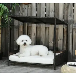 Stylish Brown Rattan Dog Canopy Bed - Elevated Breathable Puppy Lounge for Patio & Living Room, Comfortable Pet Rest Station