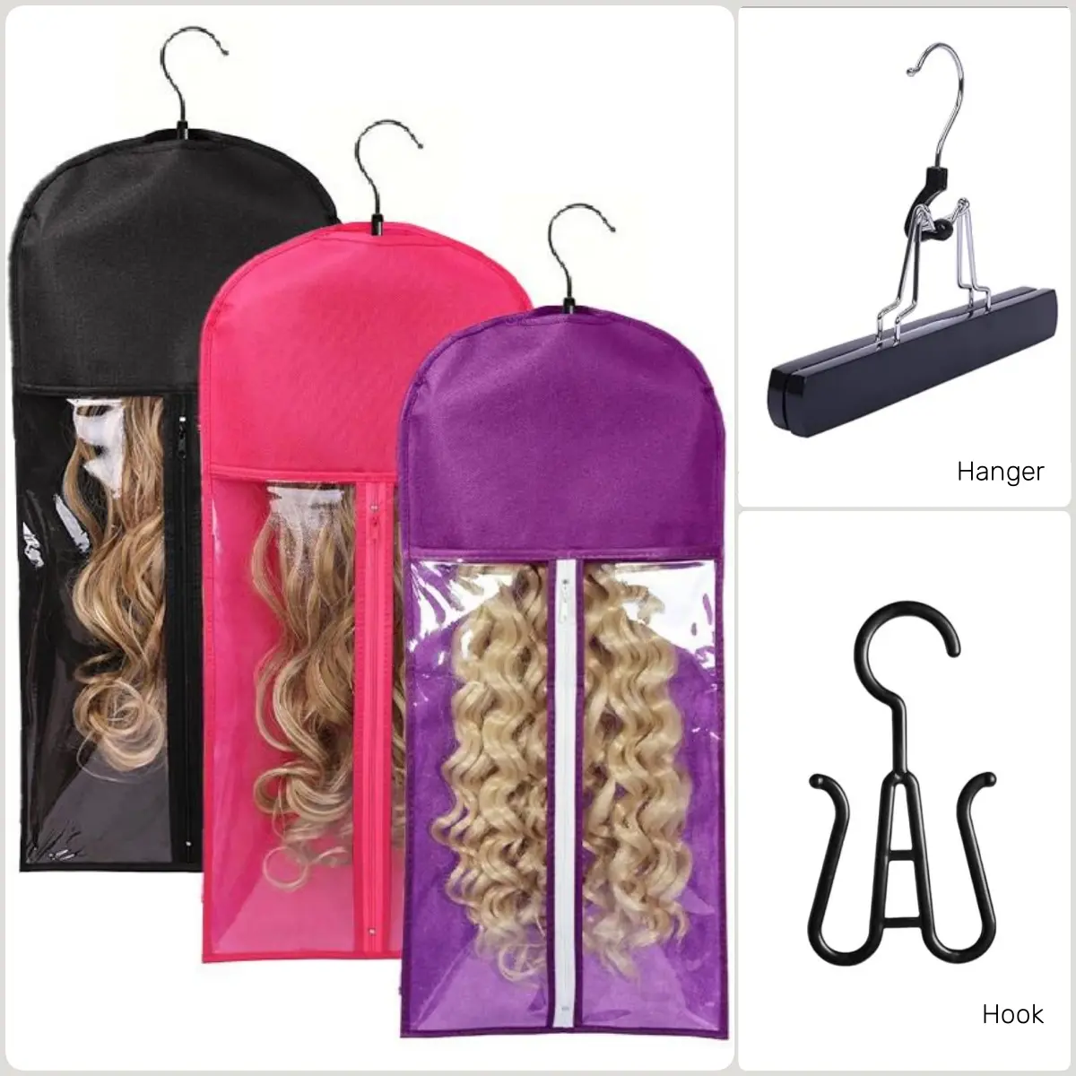 Alipearl Plastic Hangable Storage Bags with Hanger Hook, 60x30cm Dustproof Organizers for 24-Inch Wigs, Hair Extensions, Easy Access Travel-Ready Moisture Shield Accessories
