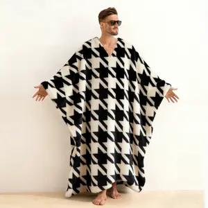 Houndstooth Print Flannel Men's V-Neck Long Robe Kaftan, Classic Broken-Check Pattern Brushed Cotton Loungewear, Soft Warm Long Sleeve Hoodless Bathrobe for Sophisticated Home Relaxation, Gift for Men