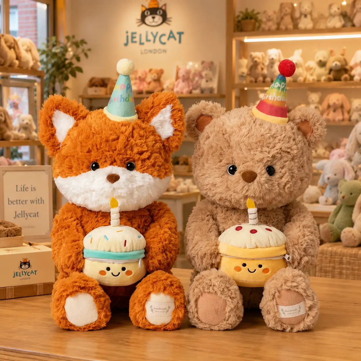 Jellycat Birthday Plush Toy, Teddy Bear & Fox Stuffed Animal with Cake Bag, Soft Party Hat Plush Gift for Kids Girls Birthday