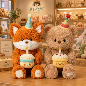 Jellycat Birthday Plush Toy, Teddy Bear & Fox Stuffed Animal with Cake Bag, Soft Party Hat Plush Gift for Kids Girls Birthday