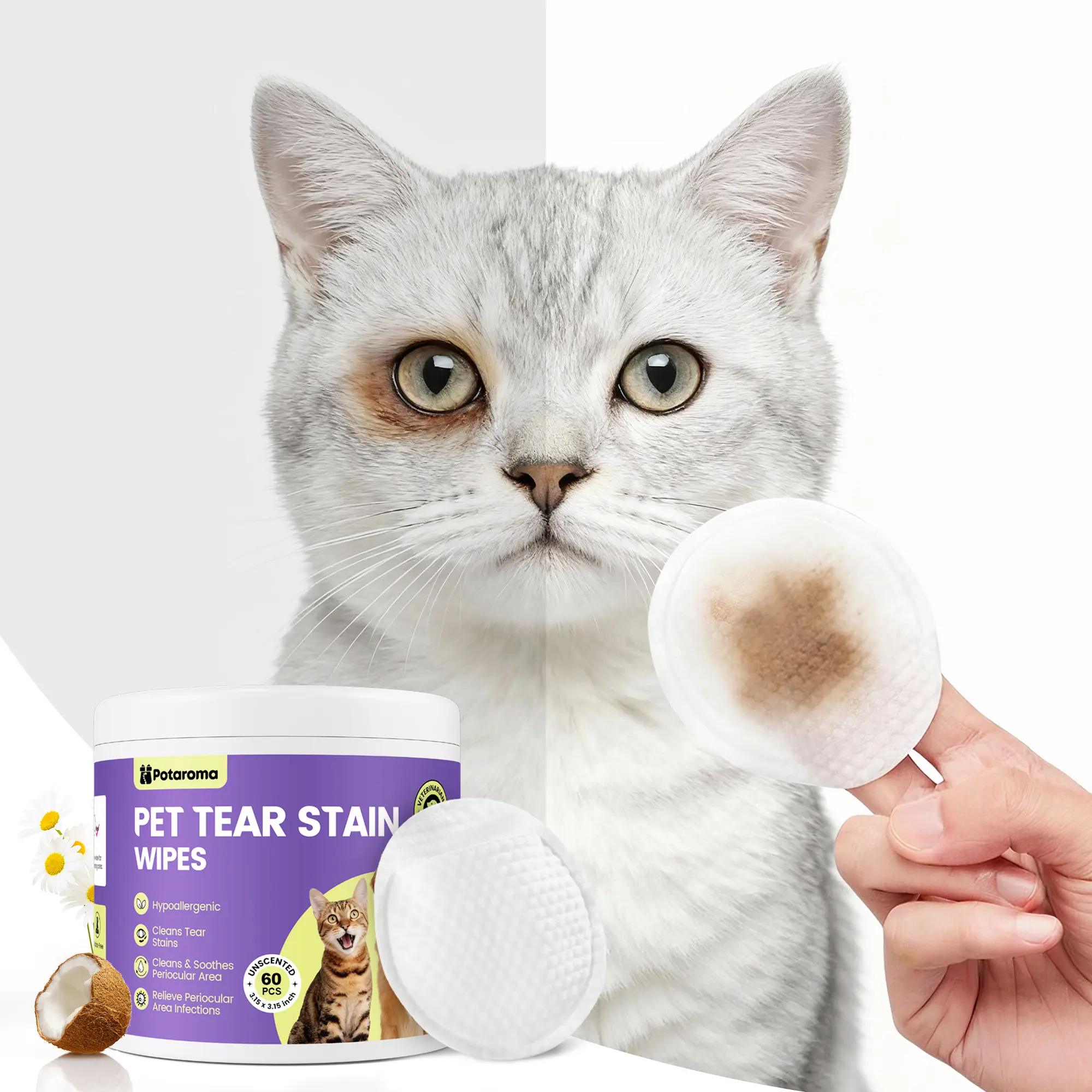 Potaroma Pet Eye Wipes Hypoallergenic Tear Stain Remover for Dogs & Cats, Hand-Injserted Design Double Layer Thickened Gentle Cleaner for Discharge, Crust, Booger & Debris– Soothing Wash for Eyes, Wrinkle, Face, 60 Pads #SummerVibes #petlovers