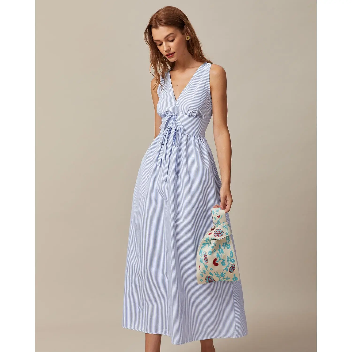 RIHOAS Women's Striped Polyester Maxi Dress, Casual V-Neck High Waisted Slim Fit with a Shirred Tie-Front, Women's Fashion, Sleeveless, Casual Wear, Casual Beach Sundress, Fast‑Dry Fabric