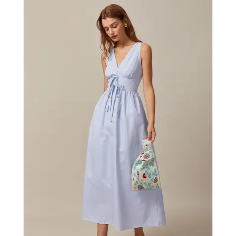 RIHOAS Women's Casual Sleeveless Striped Fitted Polyester Maxi Dress - V-Neck, High-Waisted, Shirred Tie-Front, Soft, Fast-Dry, Machine Washable, Cold Wash, Casual Beach Sundress for All Seasons, Date Nights, Evening Events