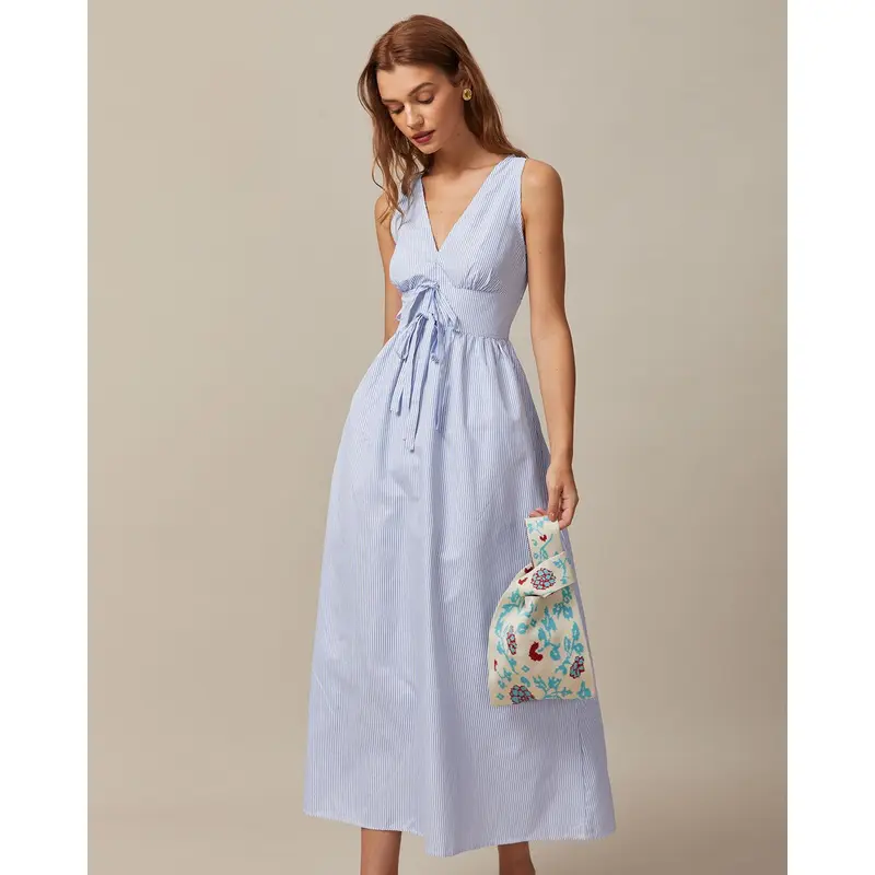 RIHOAS Women's Casual Sleeveless Striped Fitted Polyester Maxi Dress - V-Neck, High-Waisted, Shirred Tie-Front, Soft, Fast-Dry, Machine Washable, Cold Wash, Casual Beach Sundress for All Seasons, Date Nights, Evening Events