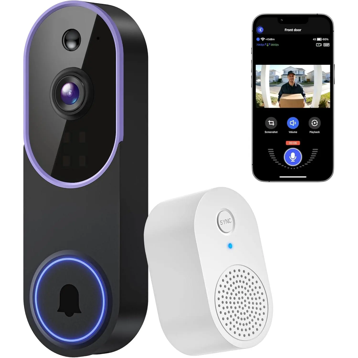 Purple Wireless 1080P Smart Video Doorbell Camera with Chime, Home Security System, AI Detection, 2-Way Audio, Infrared Night Vision, 2.4G WiFi, AES 128-Bit Encrypted Cloud Storage