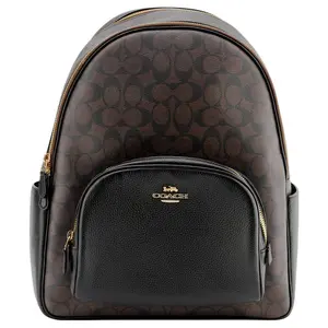 COACH Court 33 Backpack with Canvas and Leather, Large Size, Unisex Couple Style, Black and Dark Brown Monogram