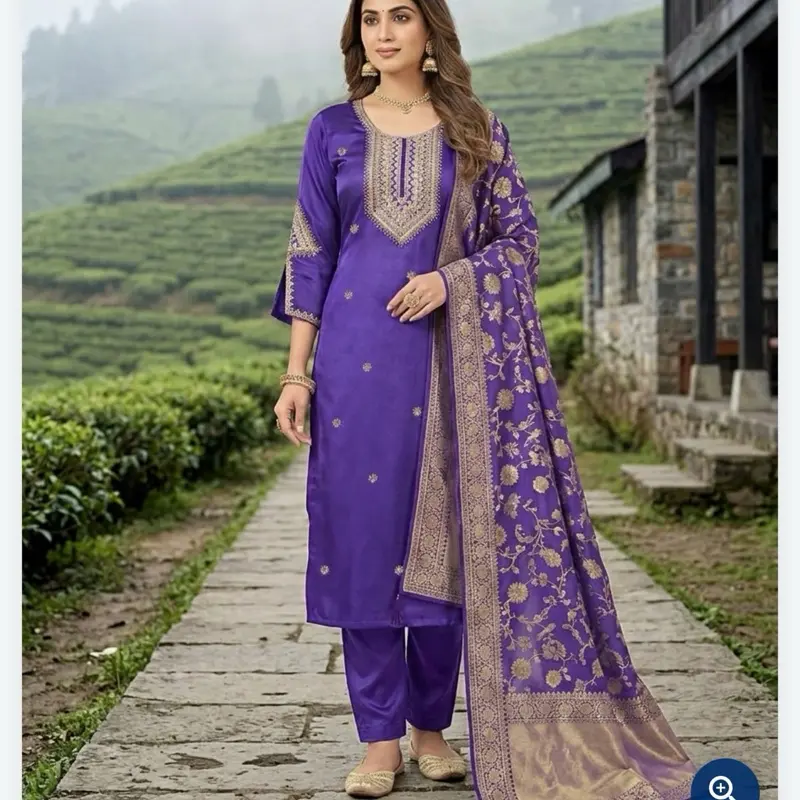 Women's Plus-Size Casual Silk 3-Piece Kurta Set, Soft & Comfortable with Heavy banarsi Dupatta, Suitable for Multiple Occasions