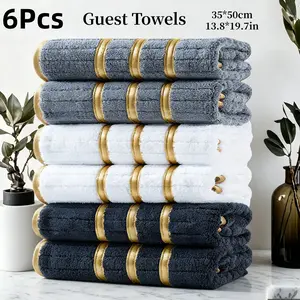 Luxurious Striped Coral Fleece Guest Towel Set of 6, High Absorbent Soft Comfortable, with Hanging Loop, Perfect for Travel Parties