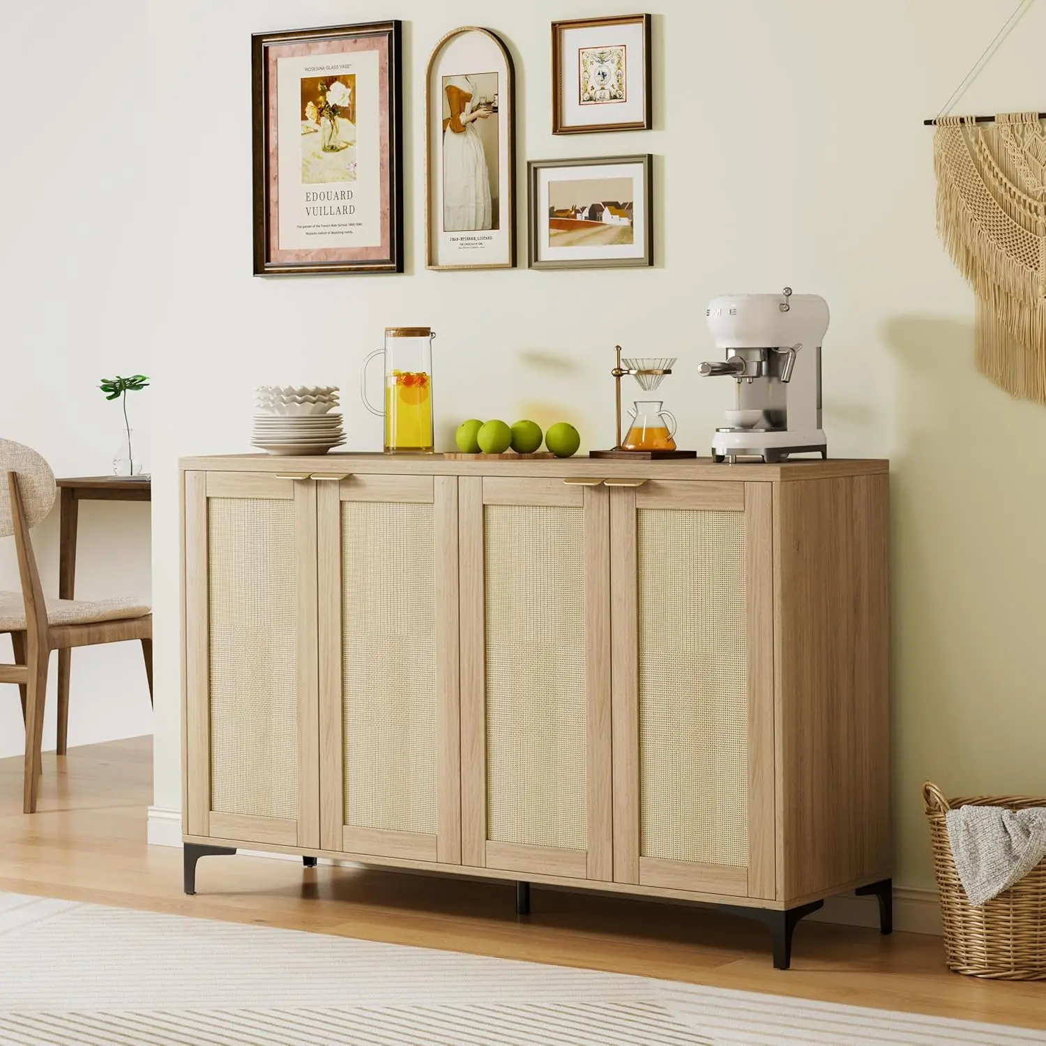 【Multi-functional Rattan Sideboard】 Natural & Black Wood Buffet Cabinet with 4 Doors, Modern Kitchen Storage Cabinet, Dining Room Console Table for Living Room, Hallway, Entryway | 48.4" Large Capacity