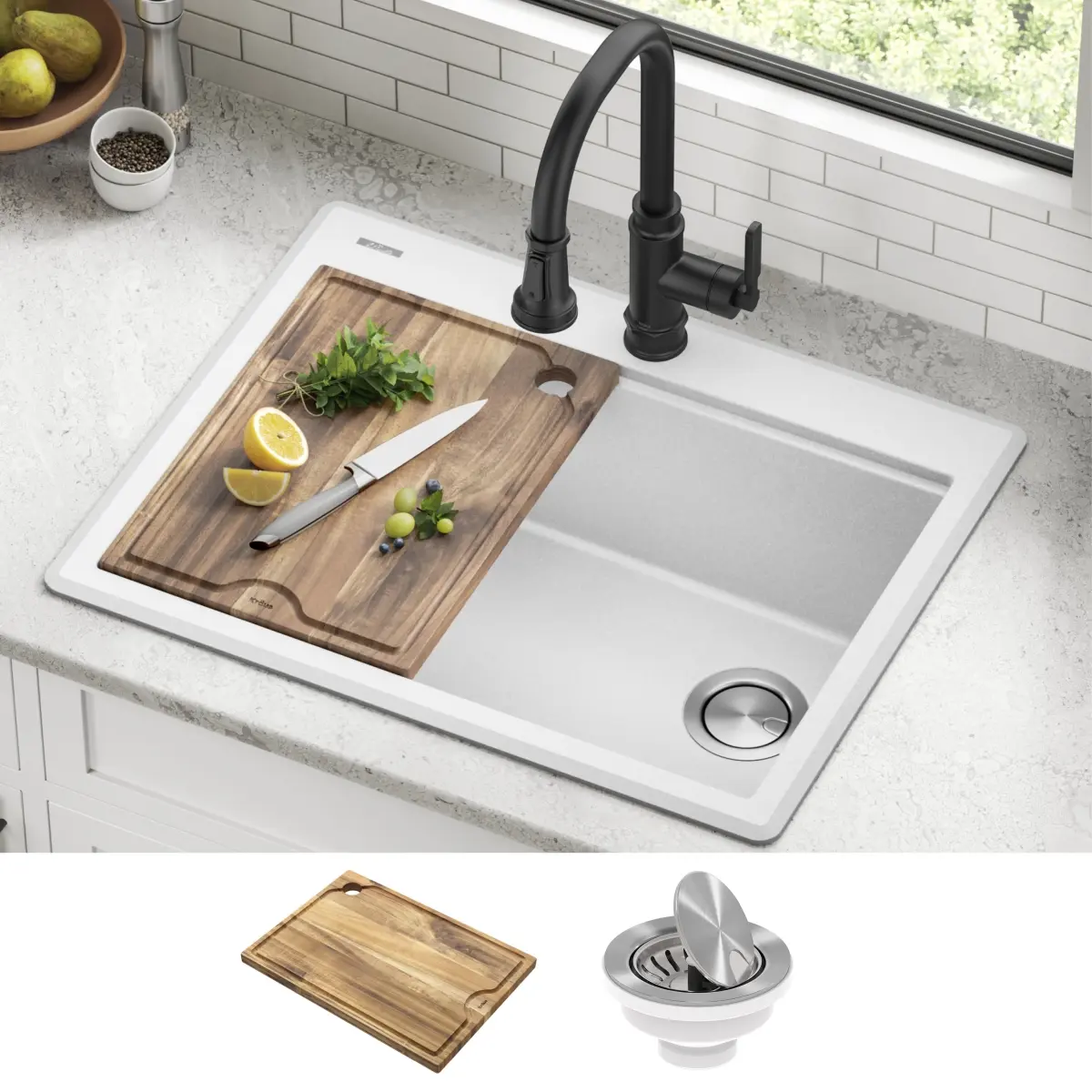 Kraus KGTW12-28WH 28 in. Modern Bellucci Granite Composite Indoor Workstation Sink, Drop-In Top Mount Single Bowl with Integrated Ledge, Rounded Corners & Accessories, White