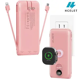 Hcelet 10000mAh Portable Charger with AC Plug - Lightweight Battery Powered Travel Gadgets - 6-in-1 Compact Power Bank: Built-in Cables & Magnetic Wireless Charging for Apple Watch