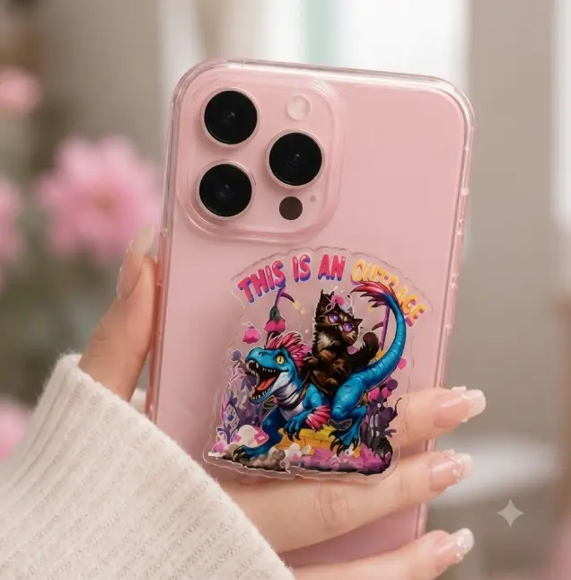 This Is an Outrage Cat Riding Dinosaur Phone Grip, Funny Acrylic Phone Grip Stand, Cute Smartphone Grip Holder, Durable Cell Phone Accessory