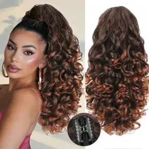 HMD 20 in Synthetic Fiber Claw Clip Base Ponytail Extension, Heat-Resistant Loose Curls Wavy Hairpiece for Women, Hair Extensions, Synthetic Hair Extensions