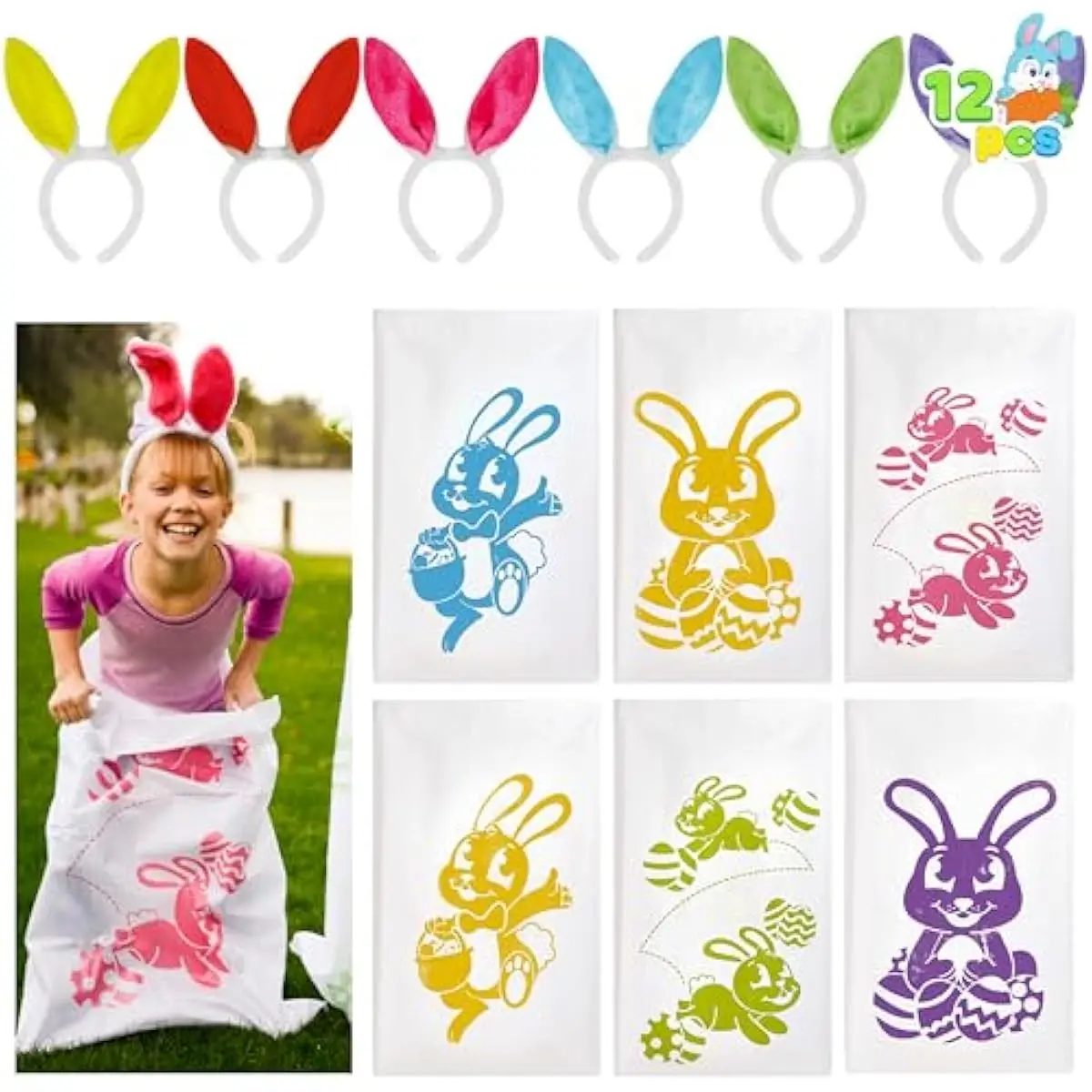 12PCS Easter Potato Sack Race Jumping Bags 24 * 40 with Bunny Ears Headbands for All Ages Kids Easter Theme Party Favor, Easter Eggs Hunt Game Activities,Easter Party Supplies, Party Games