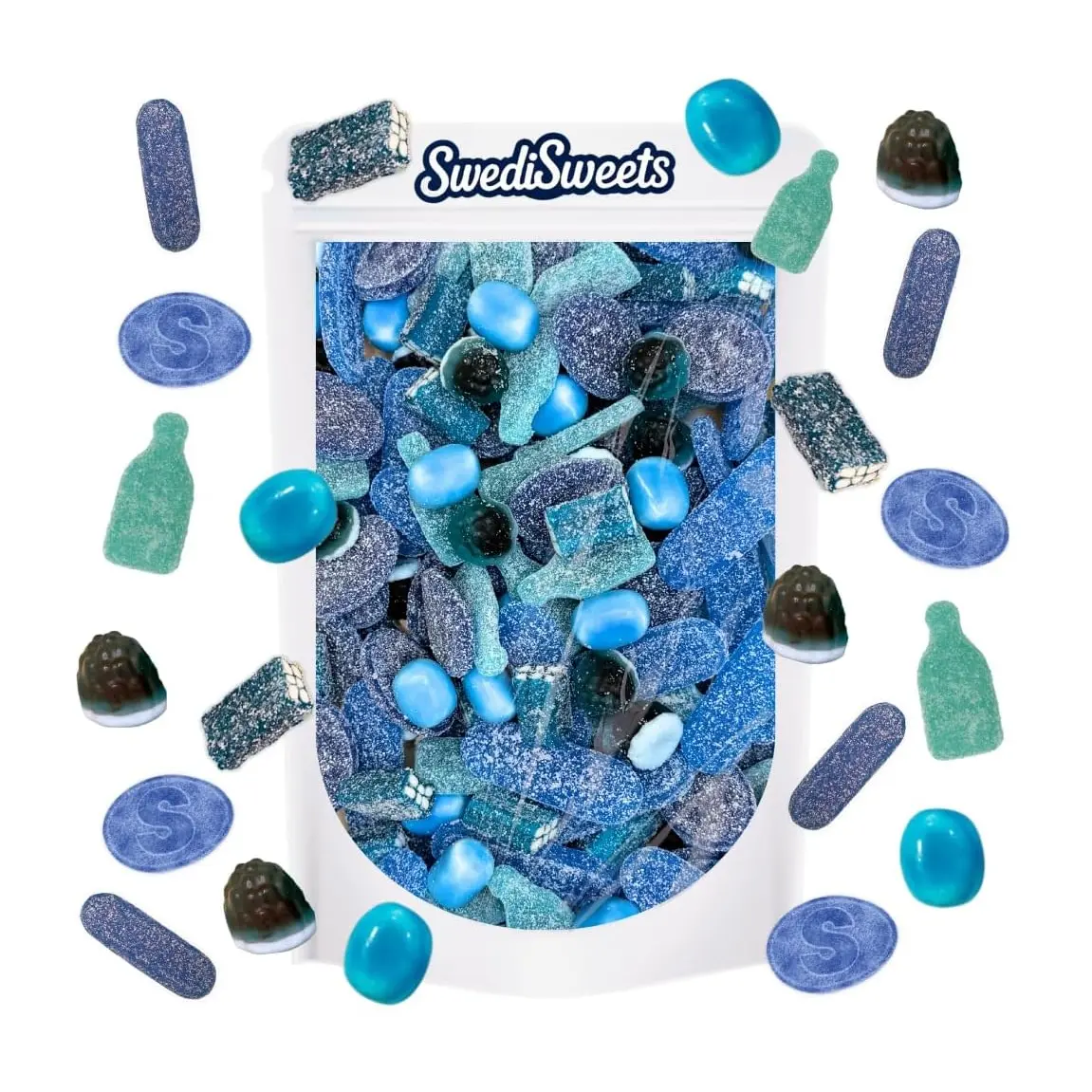 Swedisweets \u2013 Blue Candy Mix \u2013 Swedish Blue Candy Bulk Mix \u2013 Fruity Gummies, Chewy Sour Treats & Soft Jelly Bites Ideal for Parties, Birthdays & Anniversaries \u2013 227 g (8 oz)
