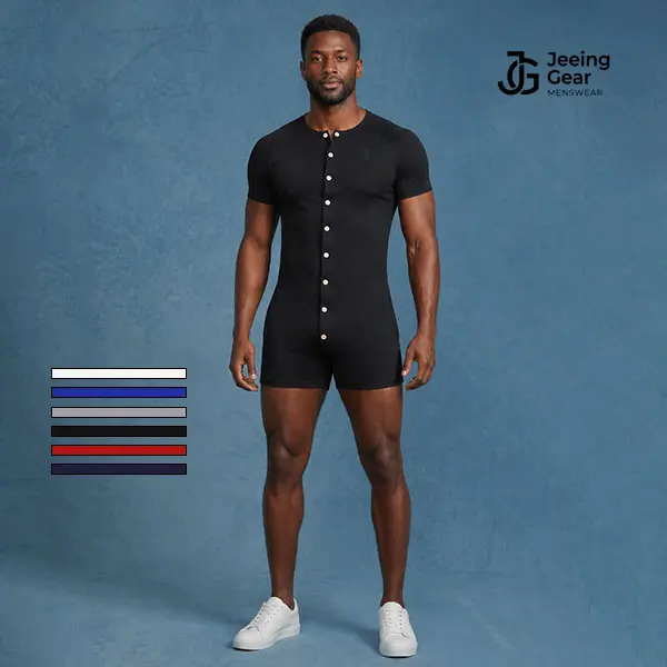 Men's Fitted Cotton Henley Pajama Jumpsuit - Short Sleeve, Round Neck, Tagless Menswear Onesies for Nightwear, Button-Closure Soft Loungewear, Sleepwear, Pajamas, Tagless Neck, Pajama Set, Fabric