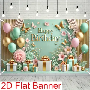 Name 2D Flat Banner for Birthday Party Mint Green & Golden Floral Gift Box Decorations Polyester Material Ideal for Celebrations