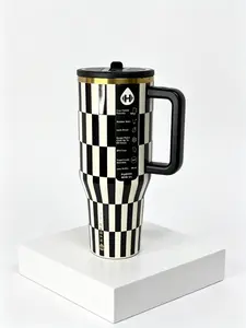 HydroJug 40oz Checkered Tumbler Retro Black & White Travel Mug Insulated Stainless Steel Water Bottle with Handle Leak-Proof for Hot & Cold Drinks Portable Drinkware Bottled