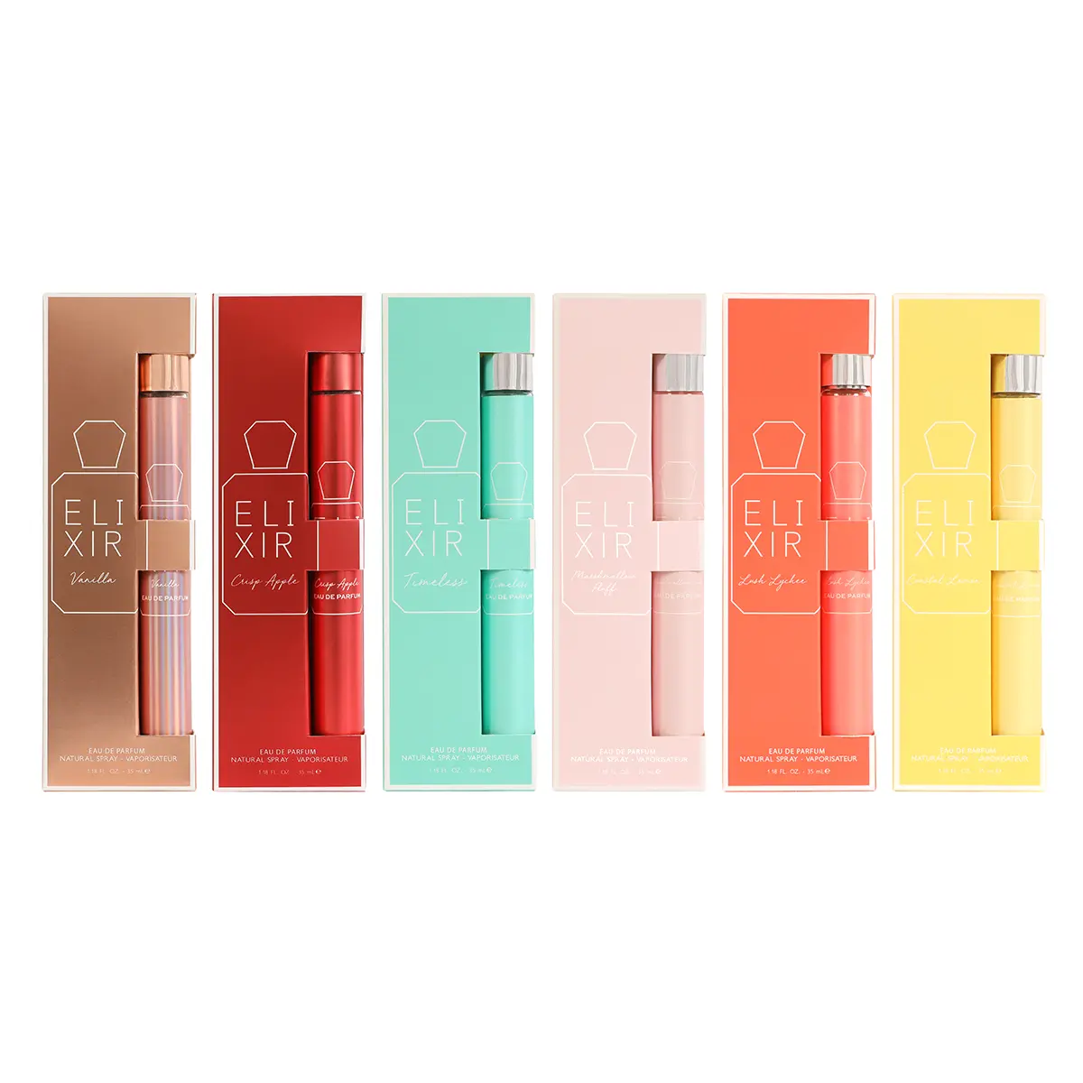 Bundle of Elixir Perfume Vanilla, Crisp Apple, Timeless, Marshmallow Fluff, Lush Lychee, Coastal Lemon Eau De Parfum Natural Spray 35ml/1.18fl.oz.