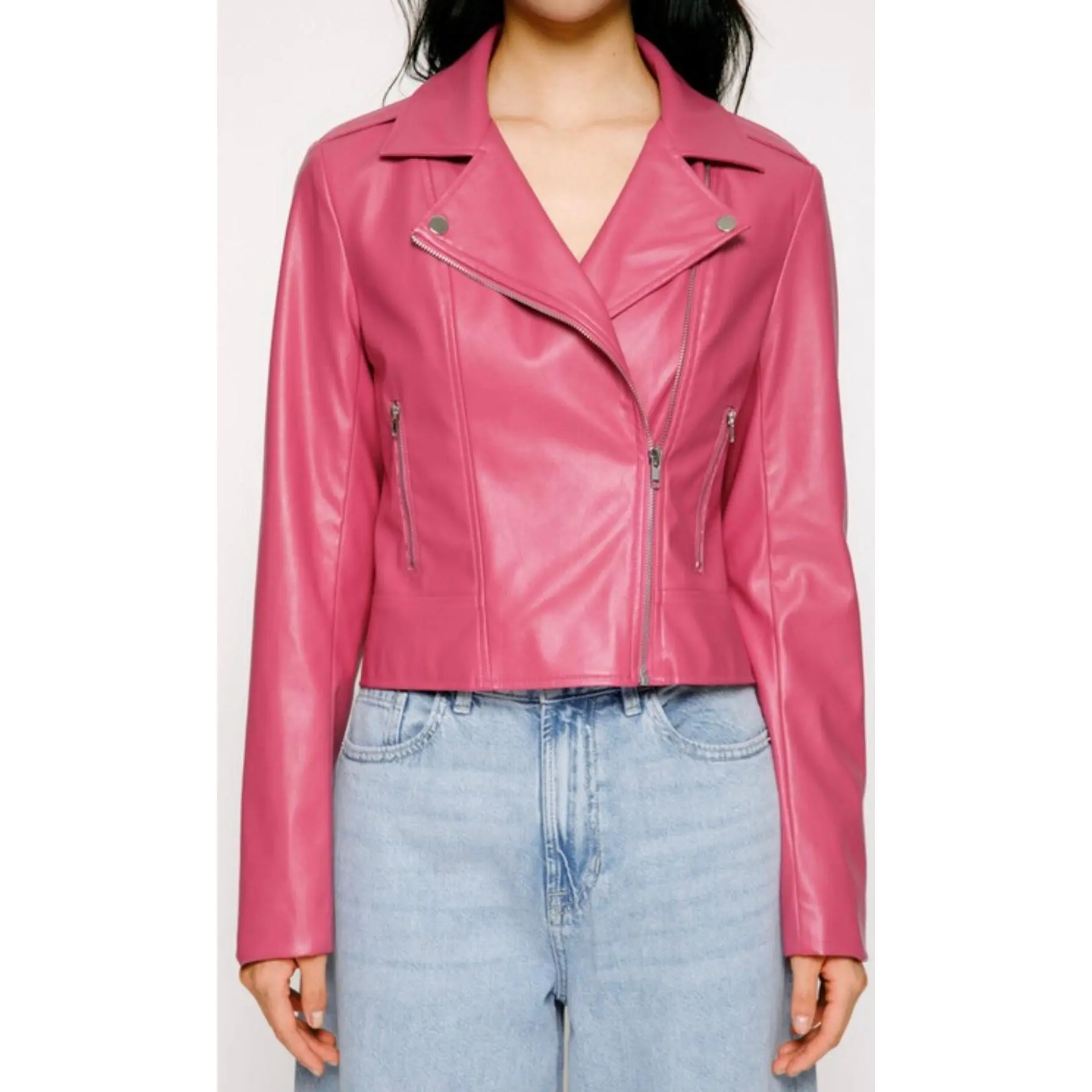 Roseus Baddie Leather Jacket - Pink, Long Sleeve, Basic Design, Comfortable Outerwear for Women