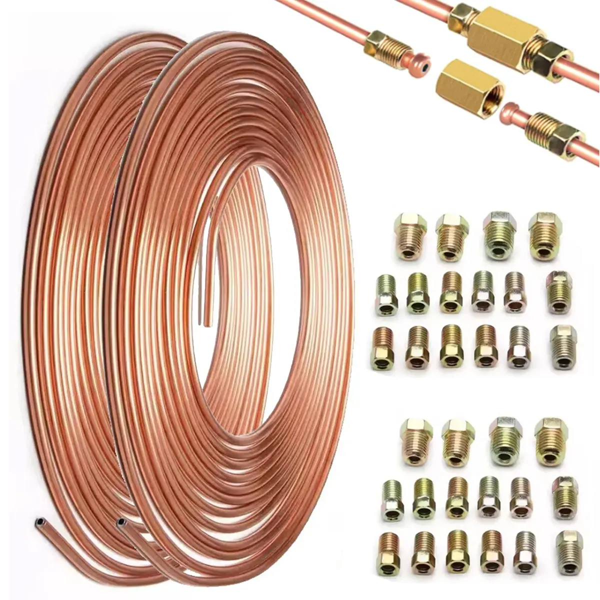 2 Sets  3/16inch x 25 ft Brake Line Tubing Kit Flexible  Copper Nickel Brake Line Tubing Coil with 32  Fittings, Industrial, Commercial, Household