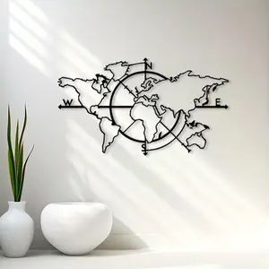 1 piece of retro world map metal wall art - rust proof iron with compass details, home, office, living room decoration, unique gift for Christmas travel enthusiasts, world map wall decoration, compass design
