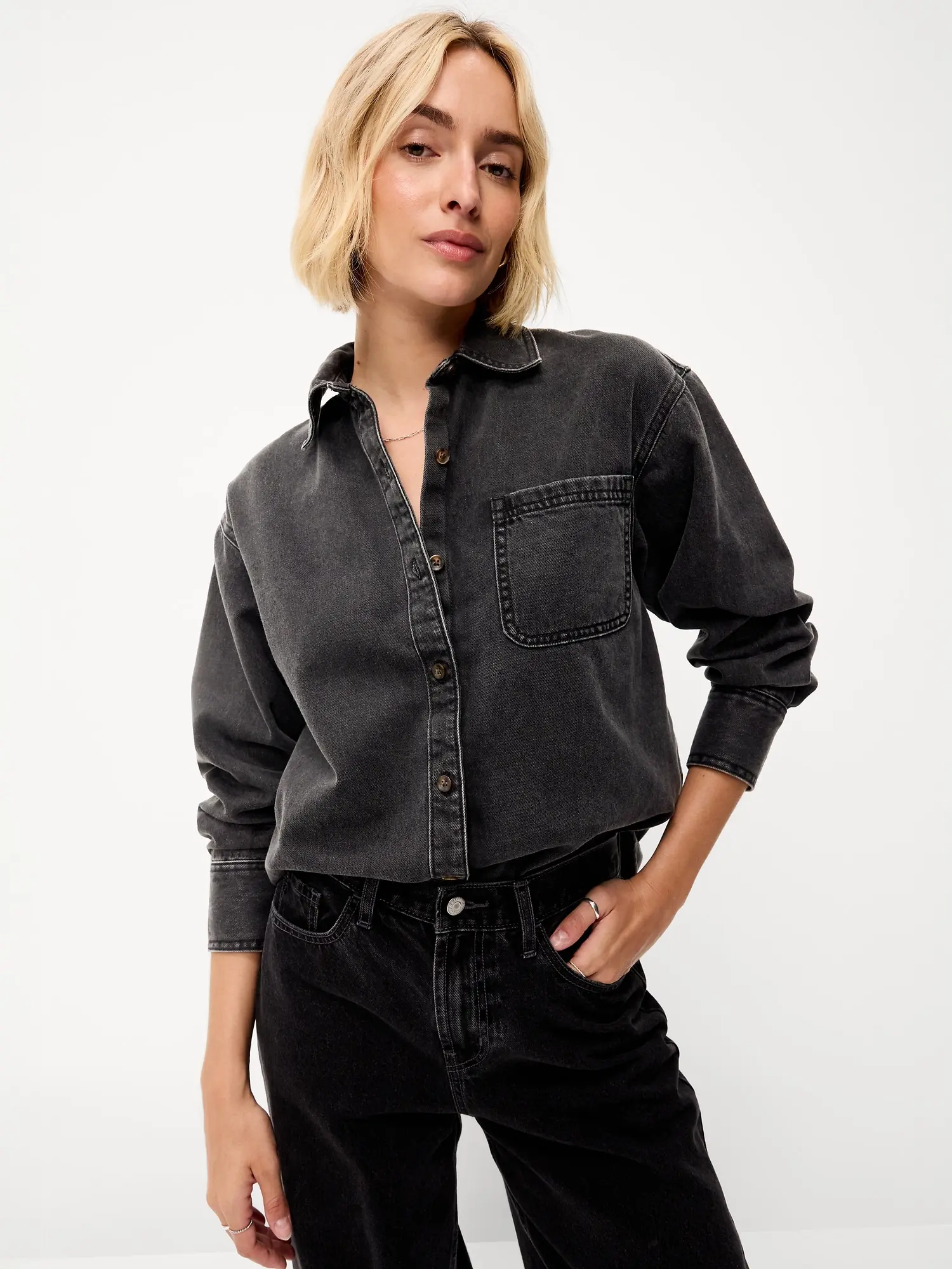 Old Navy Women's Oversized Boyfriend Button-Down Jean Shirt