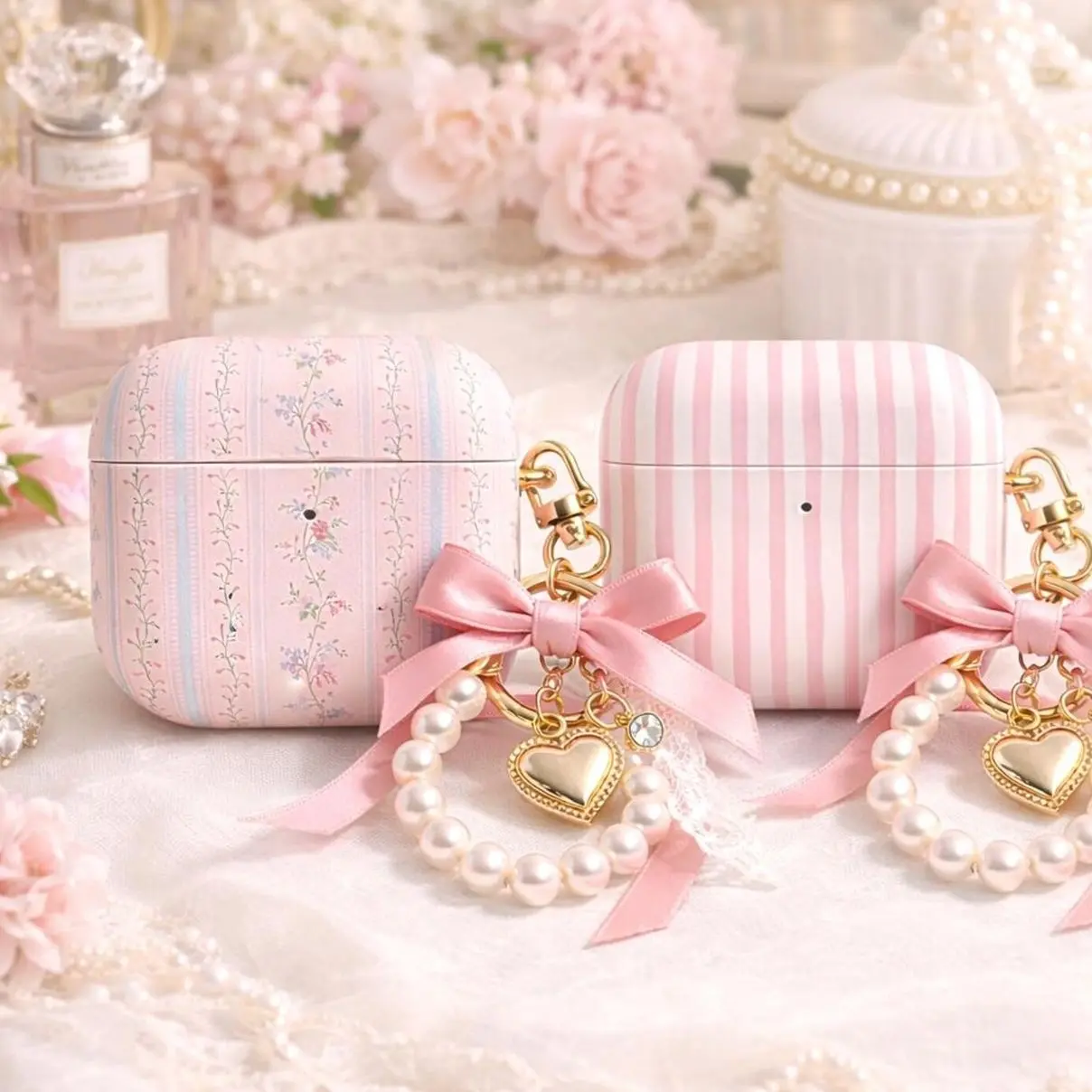 Personalized Love Shack Inspired Floral Pink Theme Airpod Case, (Charm not included) Rose Stripes Pattern Protective Cover For Airpods Gen 1 2 3 4, No Keychain