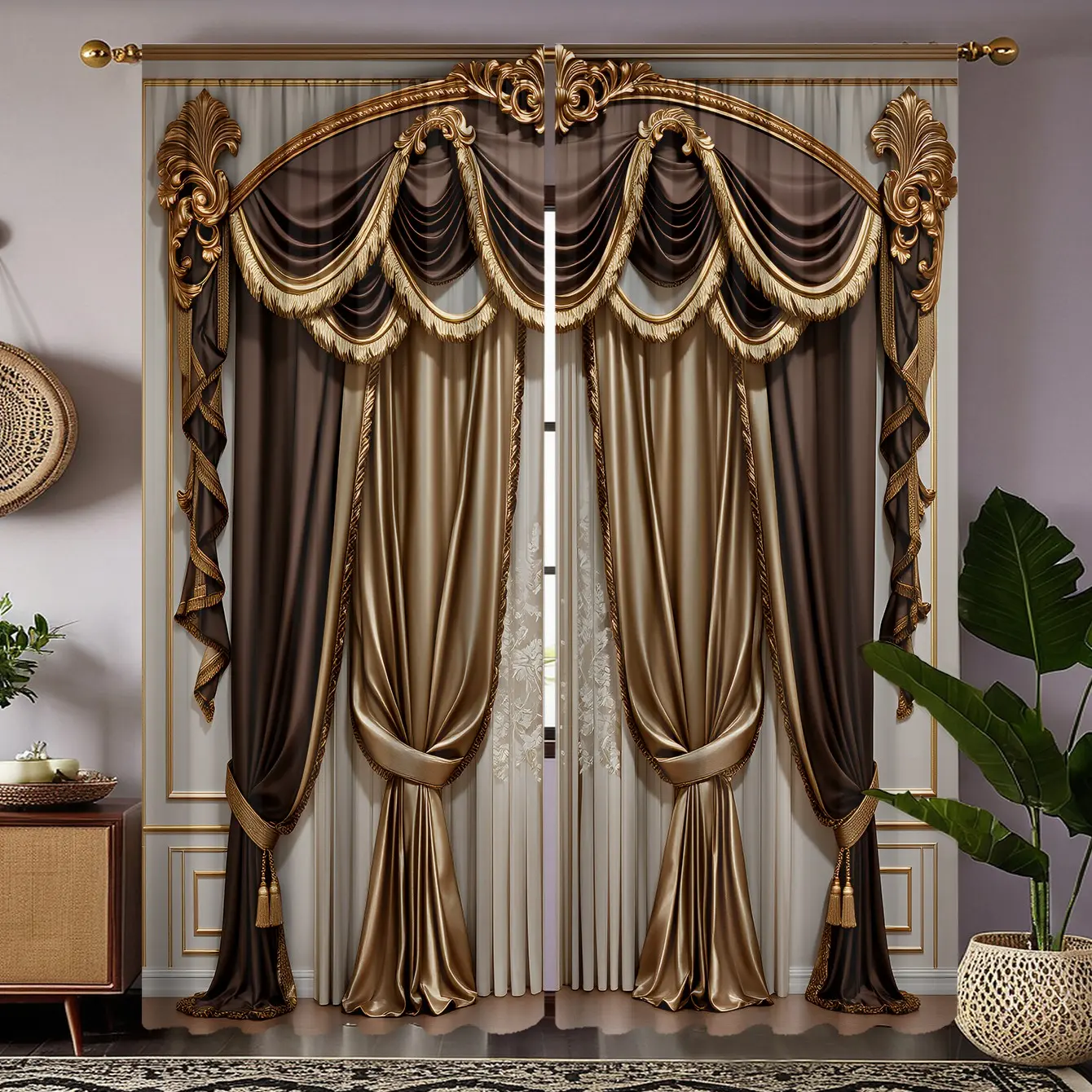 2pc, Duplex false curtains are installed in a pocket pole style and feature digital printing, suitable for living rooms, kitchens, bedrooms, and home decor, Home Decoration Curtain