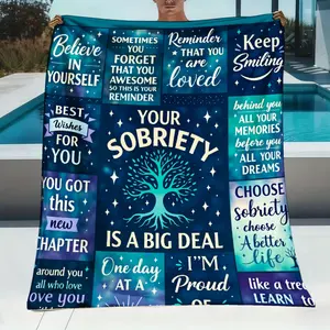 1pc Sobriety Gift Blanket with Positive Affirmations - Cozy Flannel Bedspread Suitable for Recovery Support, Motivational Comforter, Machine Washable, Perfect for Birthdays & Sobriety Milestones, 280GSM Mixed Colors