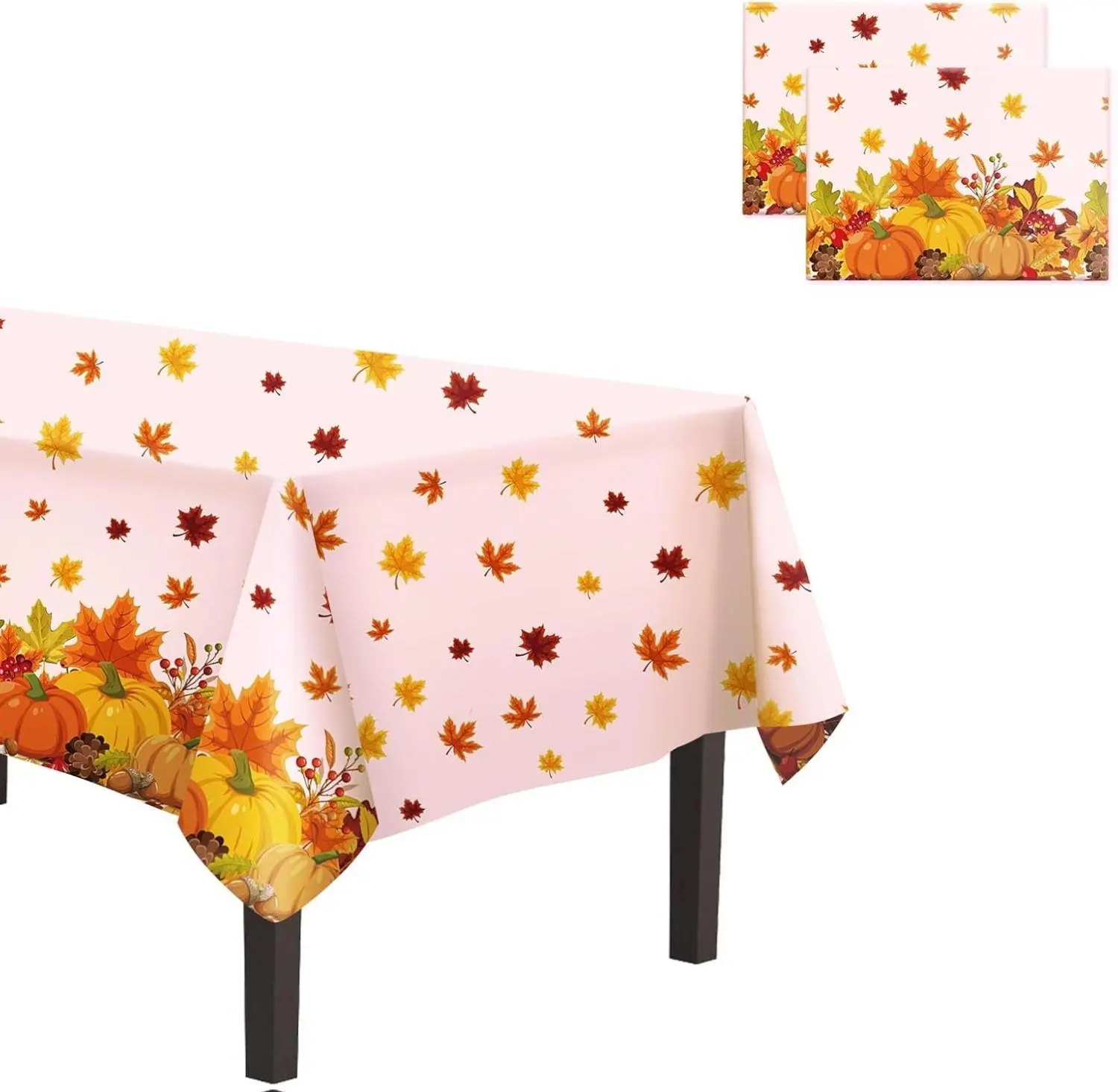 Disposable Thanksgiving Banners & Tablecloth 2-Pack (54x108 in), PE Material, Waterproof, Pumpkin & Maple Leaf Fall Design, Fits 8-12 Seat Tables, Autumn Holiday Decor for Table Settings