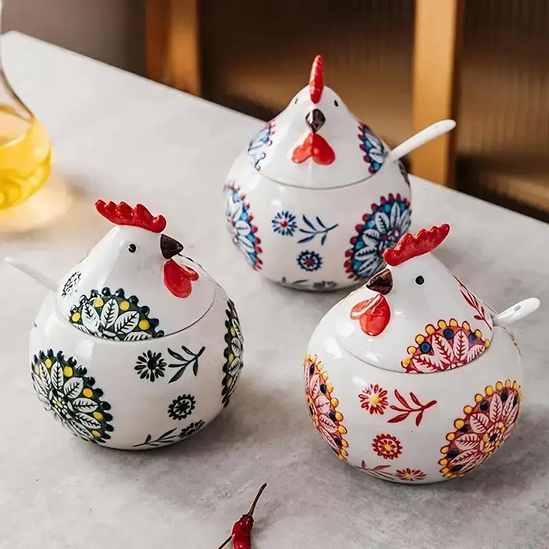 Farmhouse Rooster Spice Jar 13 Oz, Ceramic Salt Cellar with Lid & Spoon, Blue Chicken Kitchen Canister for Sugar Coffee Candy, Rustic Countertop Storage Decor, Housewarming Gift, Containers, Utensils, Sturdy, Tea