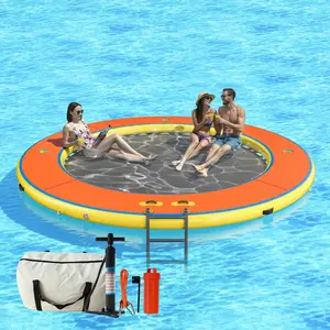 AMERLIFE 12FT Inflatable Water Hammock Float with Cup Holders Soft Ladder & Mesh Bed Round Lake Raft for 4-10 People Heavy Duty PVC Pool Float for Summer Party Family Fun