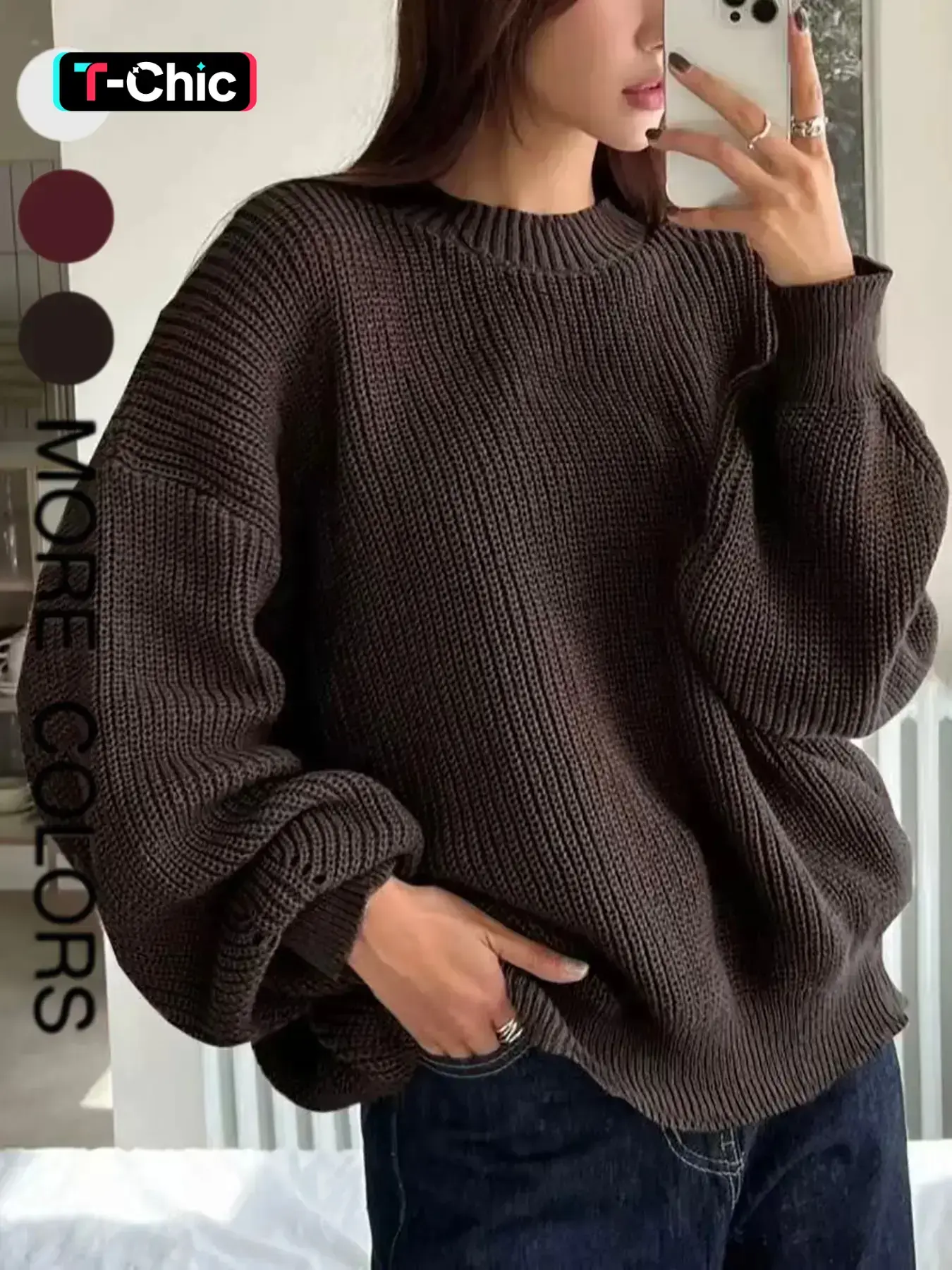Women's Loose-Fitting Oversize Baggy Round Neck Crewneck Thick Sweater Tops, Casual Fashion Long Sleeve Knitwear Knitting, Elegant Plain Solid Color Casual Comfy Basic Pullover for Fall & Winter Womenswear