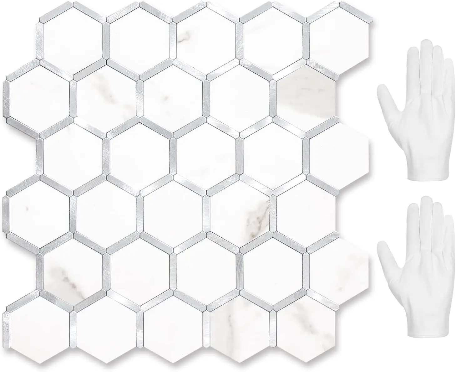 Hexagon Peel and Stick Backsplash Tile, Stick on Backsplash for Kitchen and Bathroom, White Marble Look PVC Mixed Metal  Self Adhesive Wall Tiles(10 Sheets, Seamless)