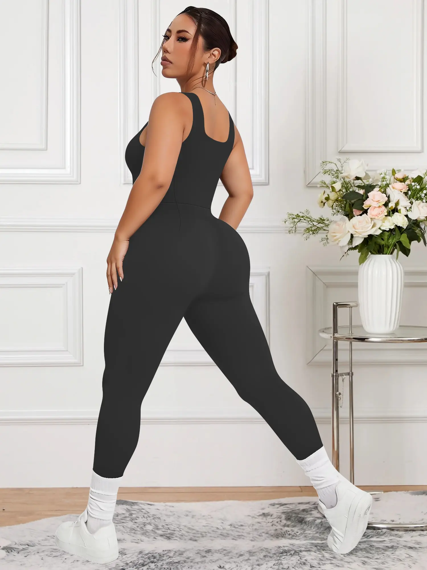 Women's Plus Size U-Neck Sleeveless Abdomen Control Jumpsuit - High Waisted High Compression Workout Onesie, Seamless Stretchy Sports Outfit, Activewear Jumpsuit for Gym, Running