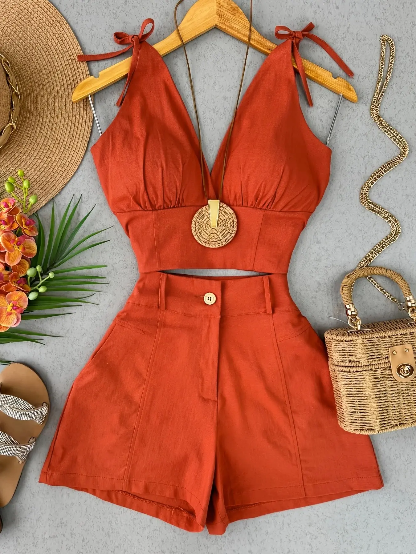 Vintage Boho Solid Color Sleeveless Crop Tank Top and Shorts Set for Women, Comfortable Casual Bohemian Outfit for Spring and Summer